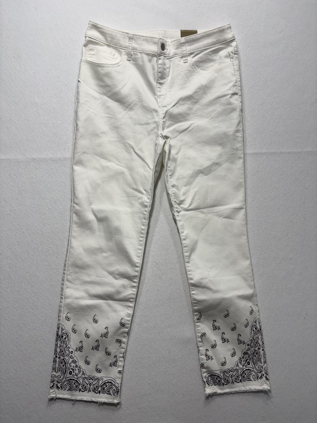 Chico's Jeans Womens 6 White Paisley Stretch Girlfriend Slim Ankle Raw Hem