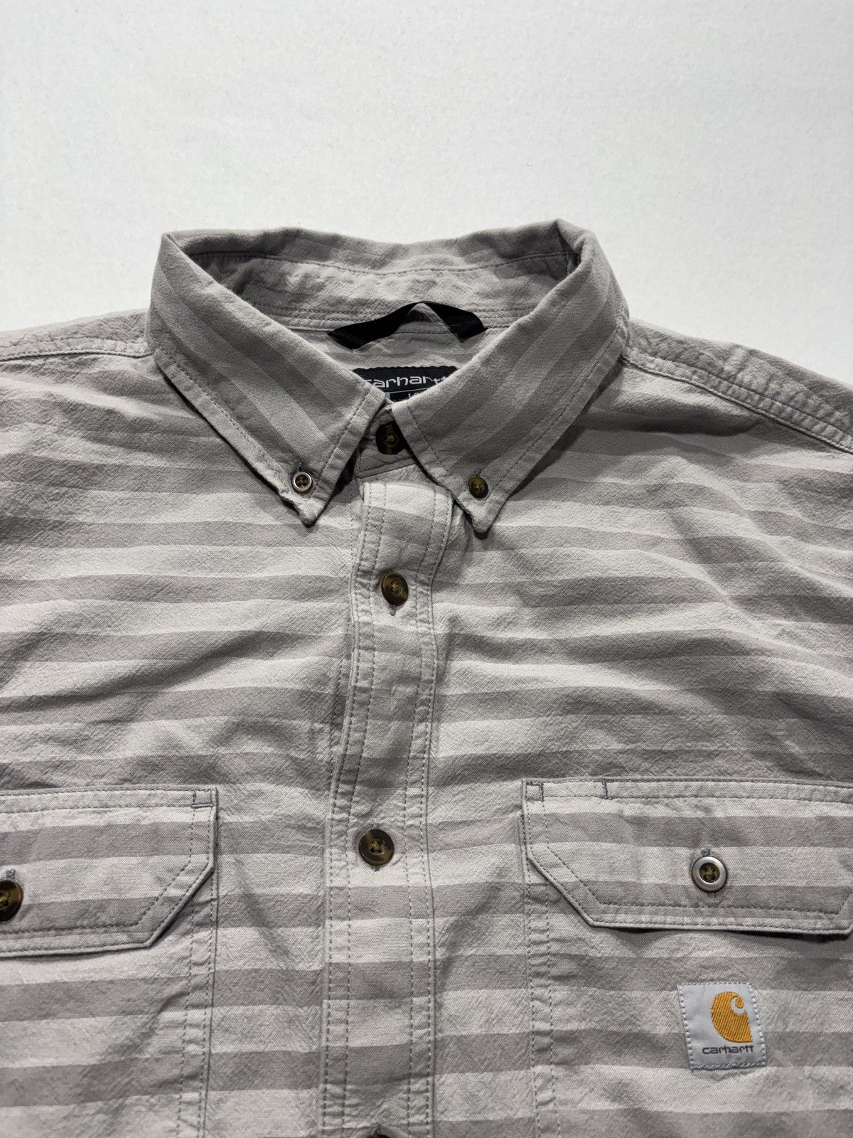 Carhartt Shirt Mens XL Gray Striped Loose Fit Short Sleeve Button Up Workwear