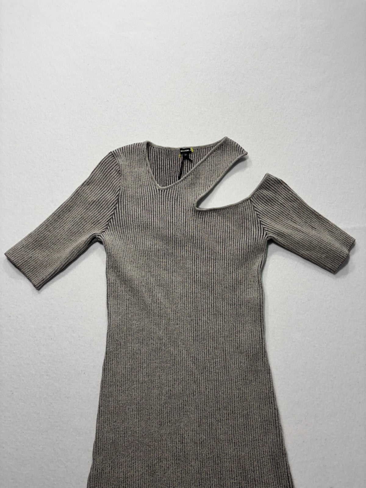 Monrow Sweater Dress Womens XS Gray Ribbed V Neck Cutout Bodycon Long Knit