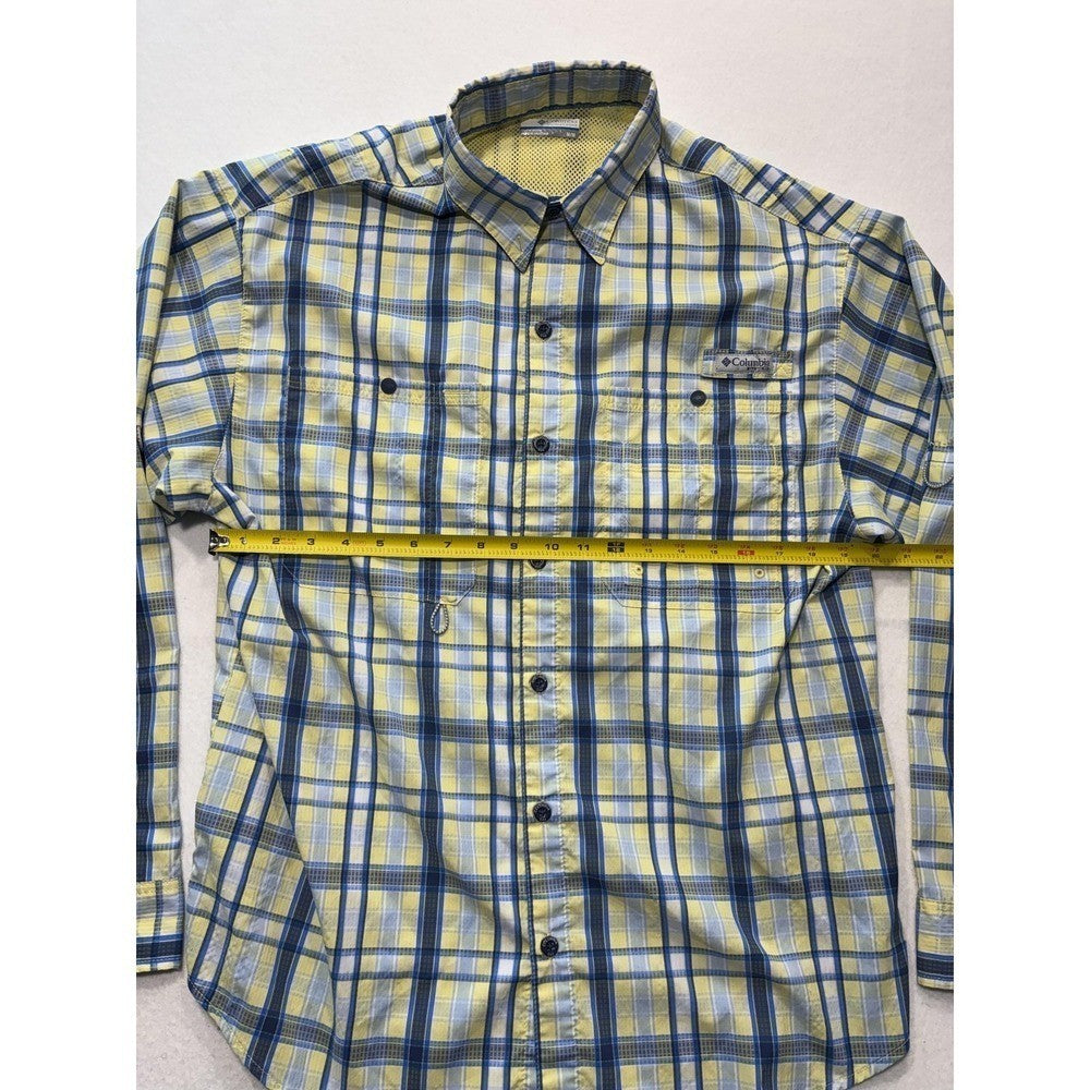 Columbia PFG Shirt Mens Medium Yellow Blue Plaid Long Sleeve Fishing Button Up