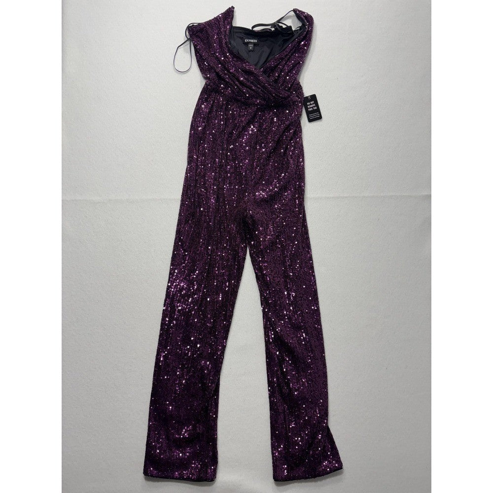 Express Jumpsuit Womens XS Purple Sequin V Neck Wide Leg Sleeveless 19938189 NEW