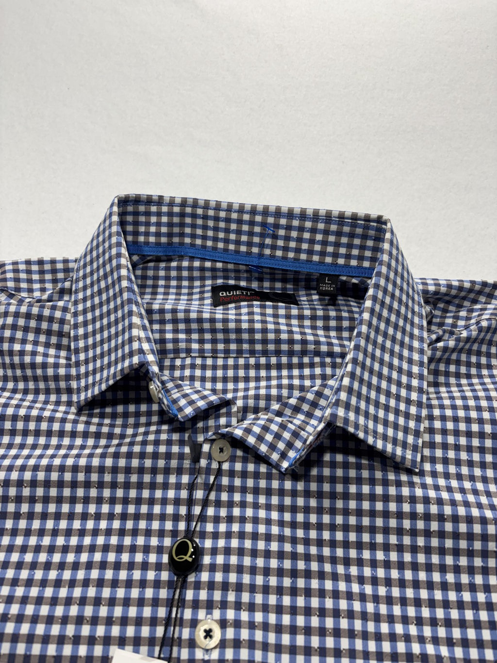 Quieti Dress Shirt Mens Large Blue Gingham Non Iron Performance Long Sleeve
