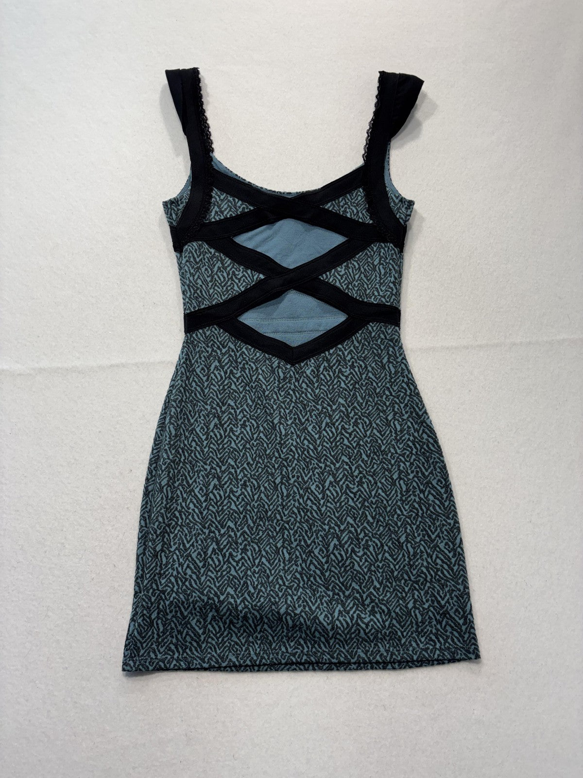 Free People Dress Womens XS Blue Chevron Scoop Neck Cutout Bodycon Tank Mini