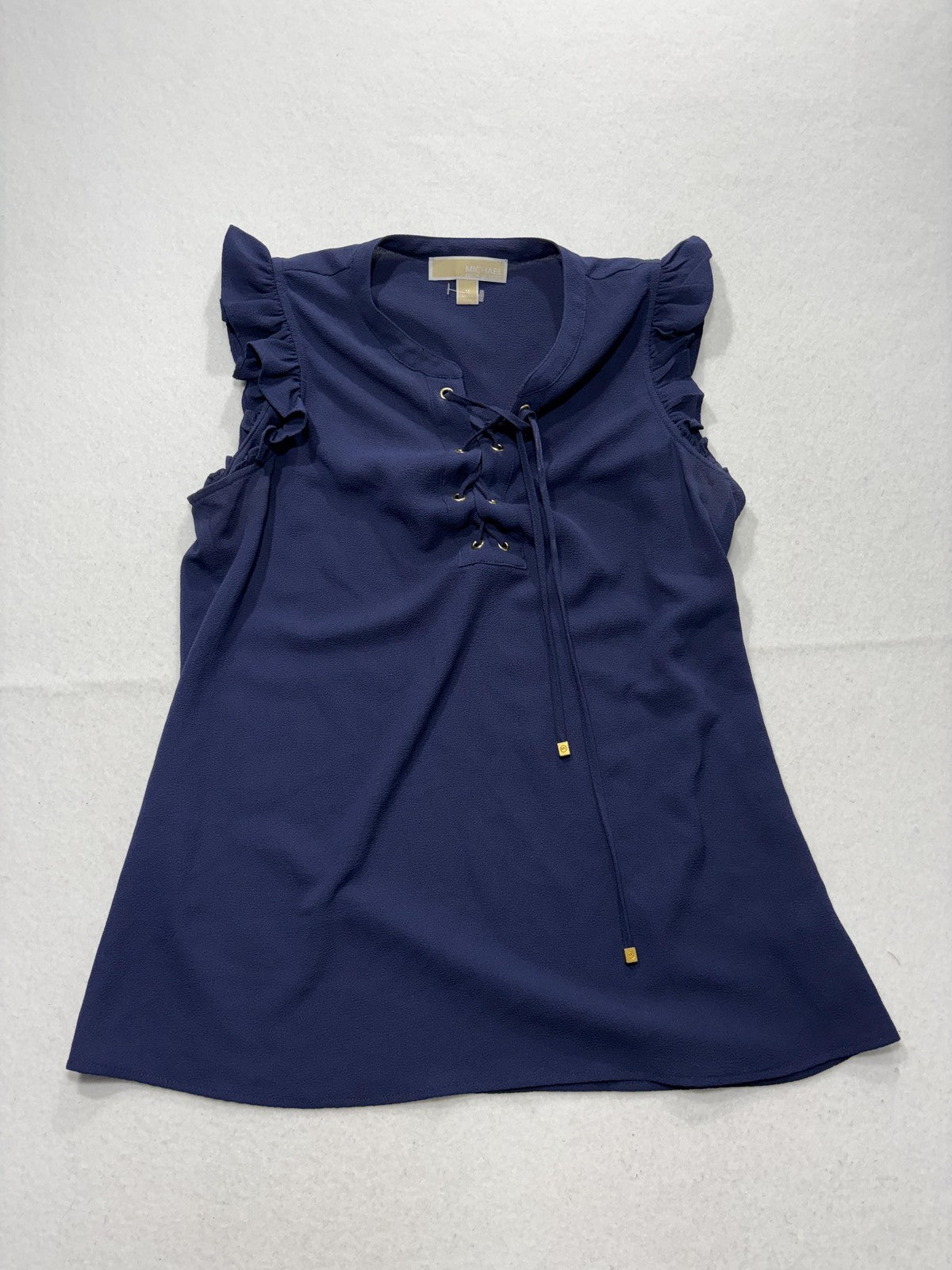 MICHAEL Michael Kors Blouse Womens Medium Blue V Neck Ruffle Sleeve Lace Up Top
