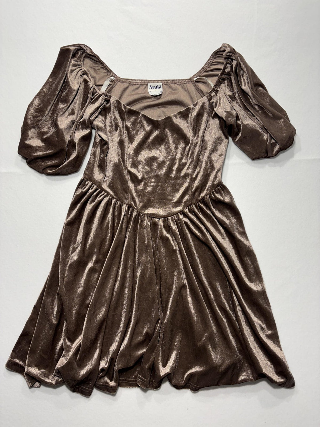 Arula Dress Womens 0X Brown Velvet Puff Sleeve Fit Flare Party Cocktail