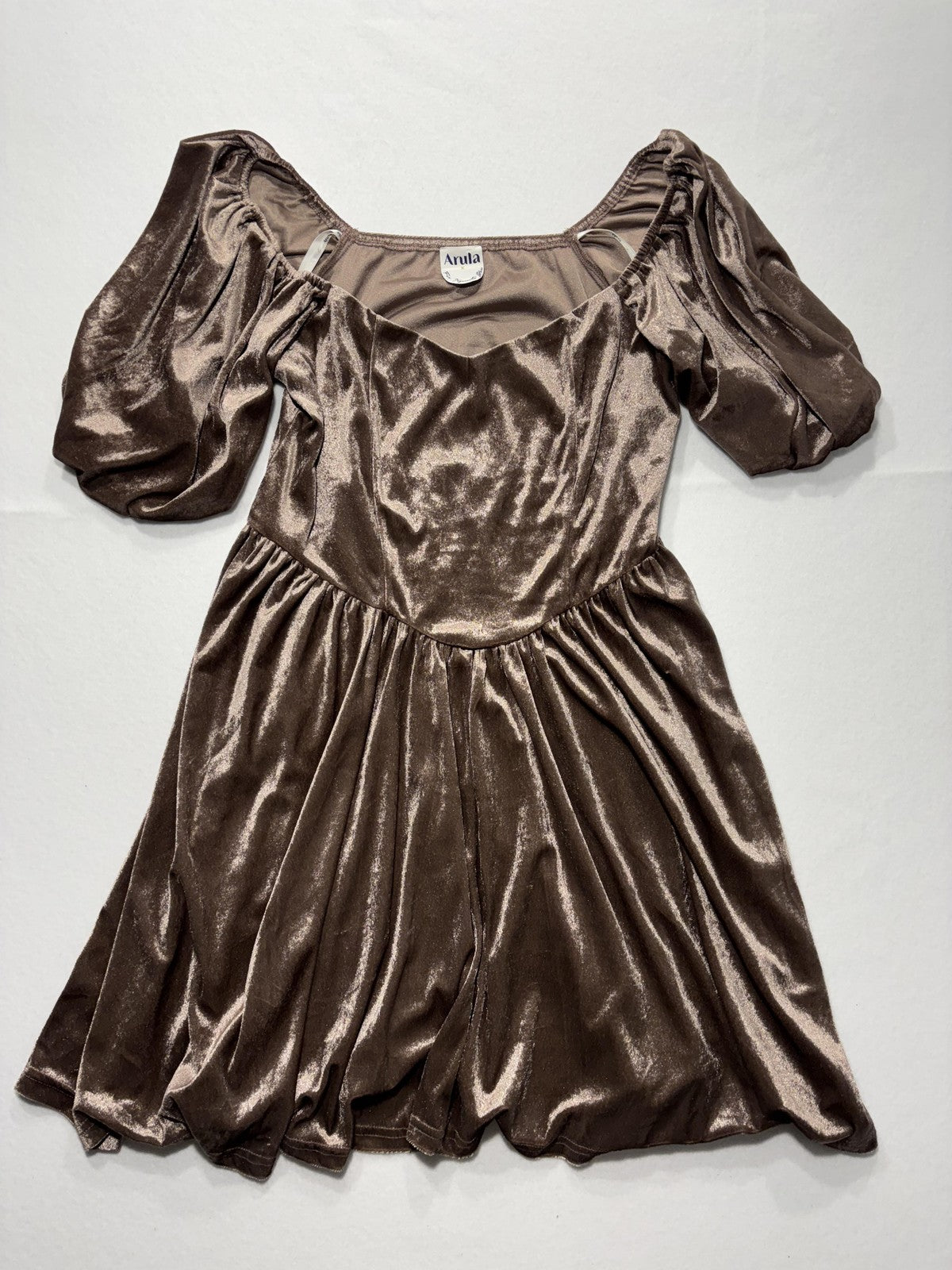Arula Dress Womens 0X Brown Velvet Puff Sleeve Fit Flare Party Cocktail