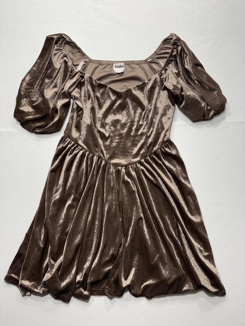 Arula Dress Womens 0X Brown Velvet Puff Sleeve Fit Flare Party Cocktail