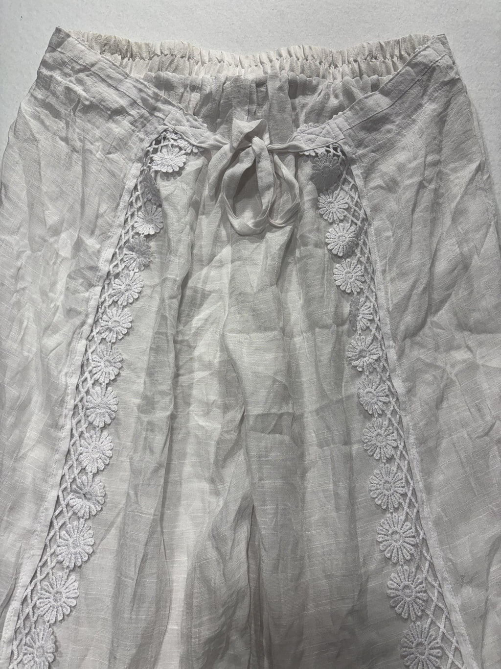 VANTARS! Pants Womens XL White Chiffon Wide Leg Lace Trim Slit Beach Cover Up