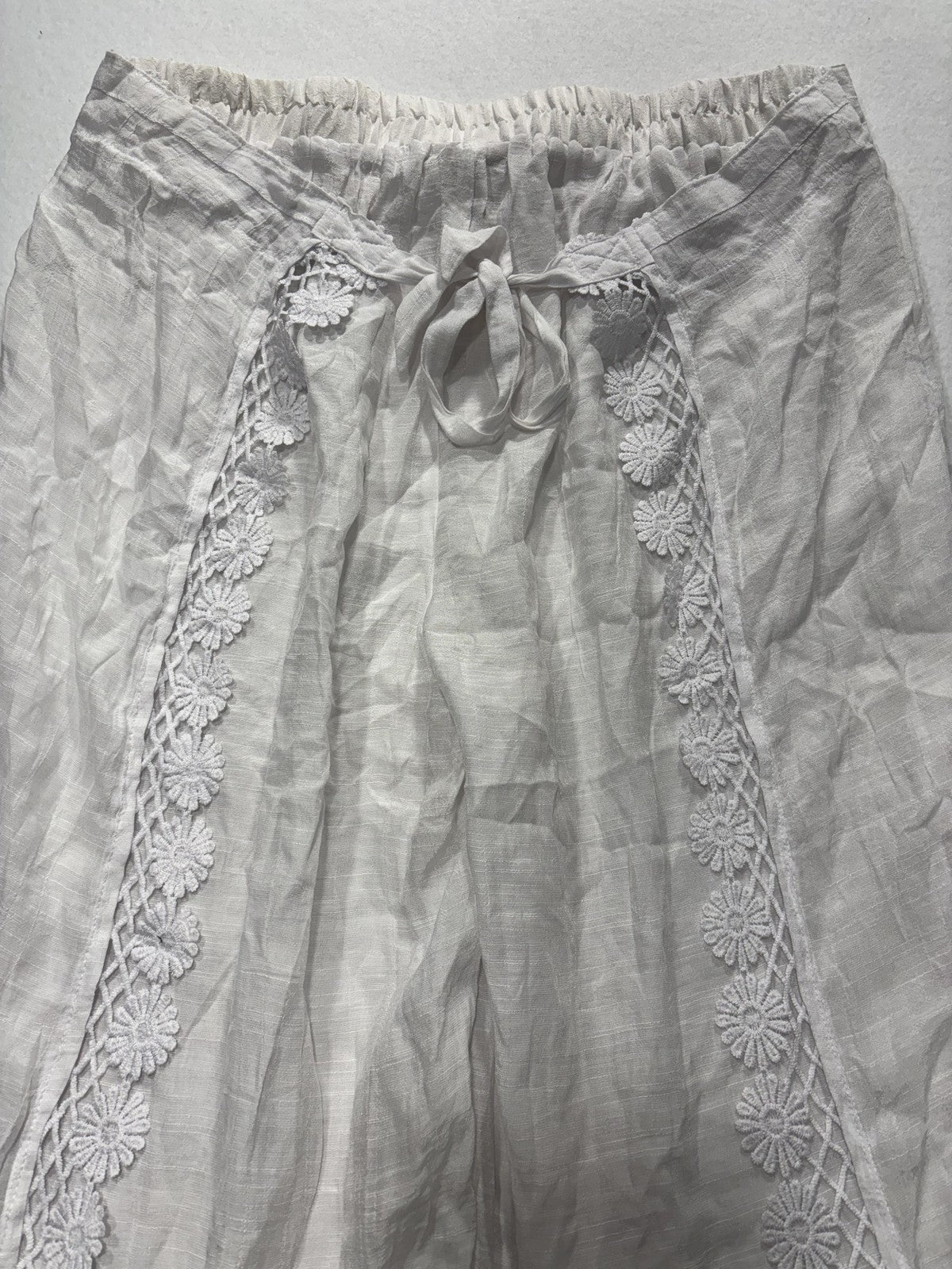 VANTARS! Pants Womens XL White Chiffon Wide Leg Lace Trim Slit Beach Cover Up