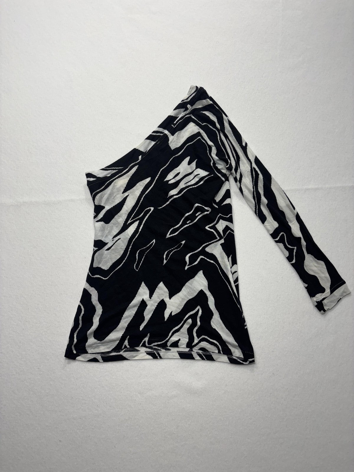 Armani Exchange Shirt Womens XS Black One Shoulder Long Sleeve Zebra Print Top