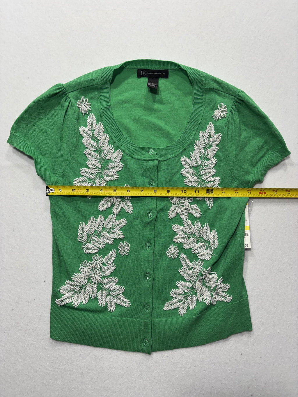 INC International Concepts Cardigan Womens Medium Green Beaded Short Sleeve