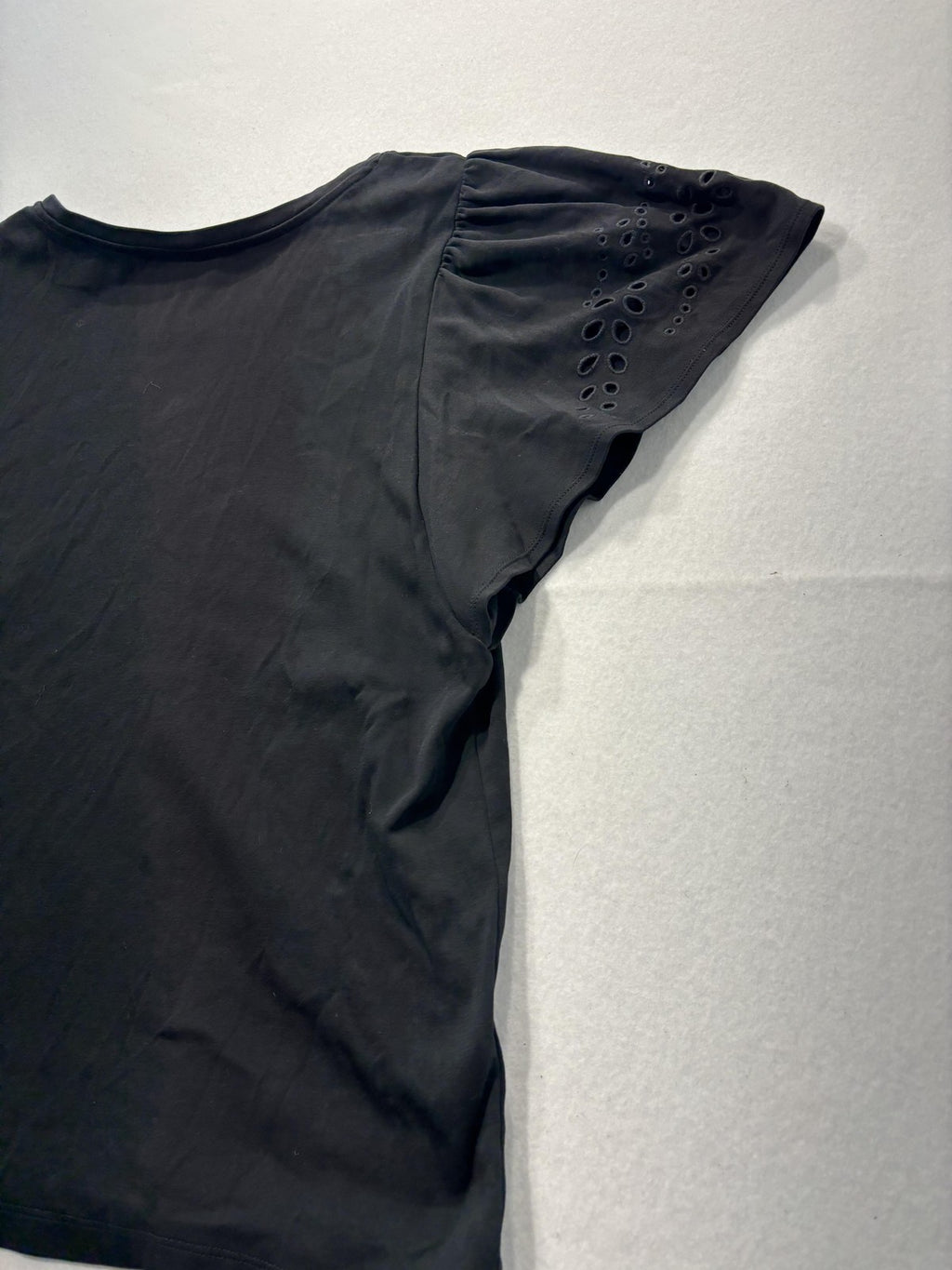 Chico's Shirt Womens XL Black Crew Neck Flutter Sleeve Eyelet Cotton Top