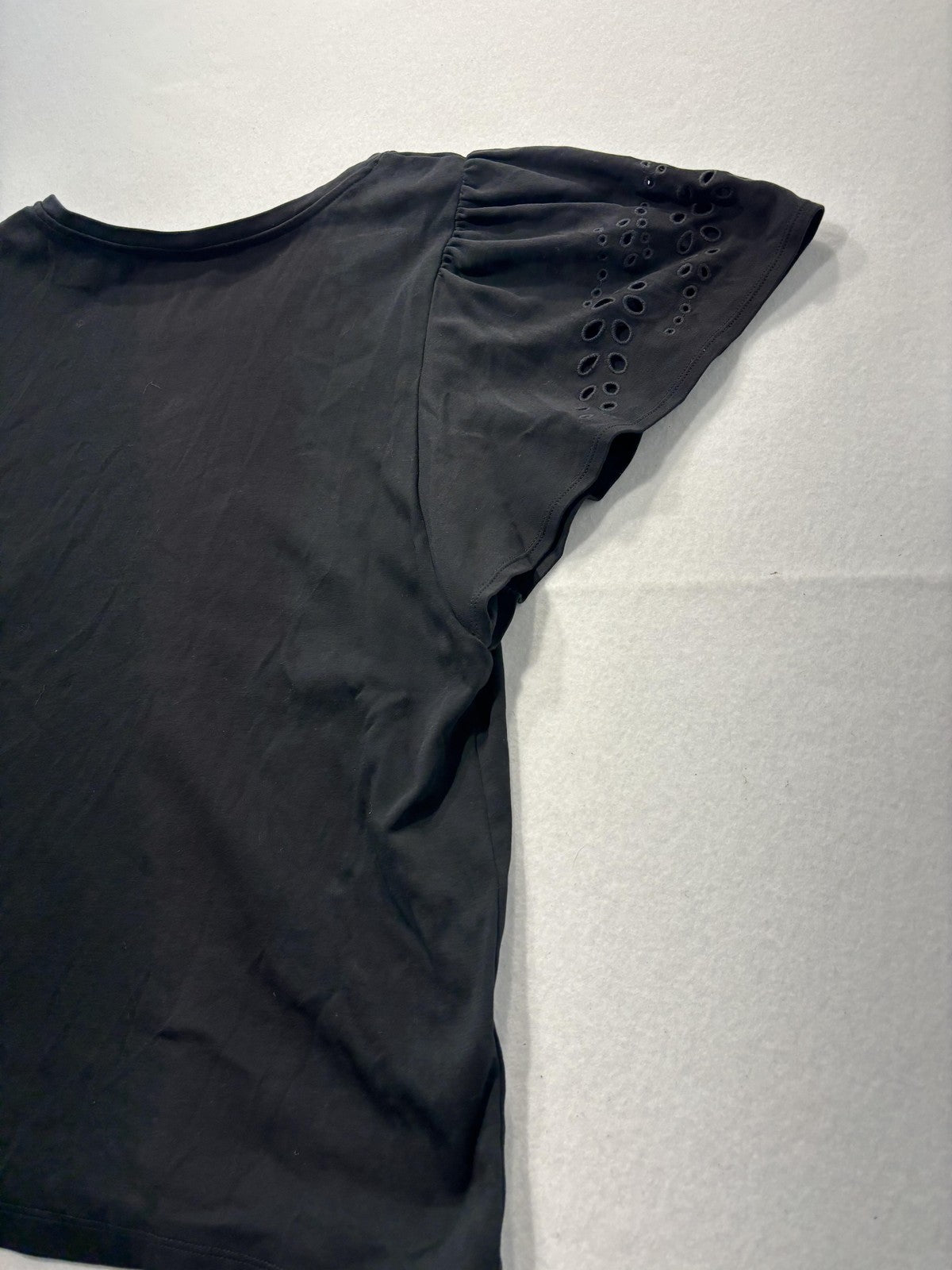 Chico's Shirt Womens XL Black Crew Neck Flutter Sleeve Eyelet Cotton Top