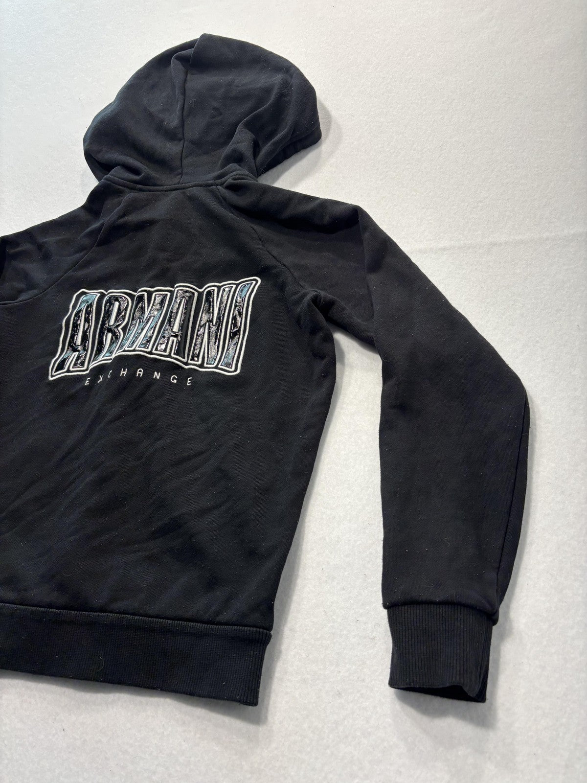Armani Exchange Hoodie Womens Small Black Full Zip Logo Graphic Raglan Sleeve