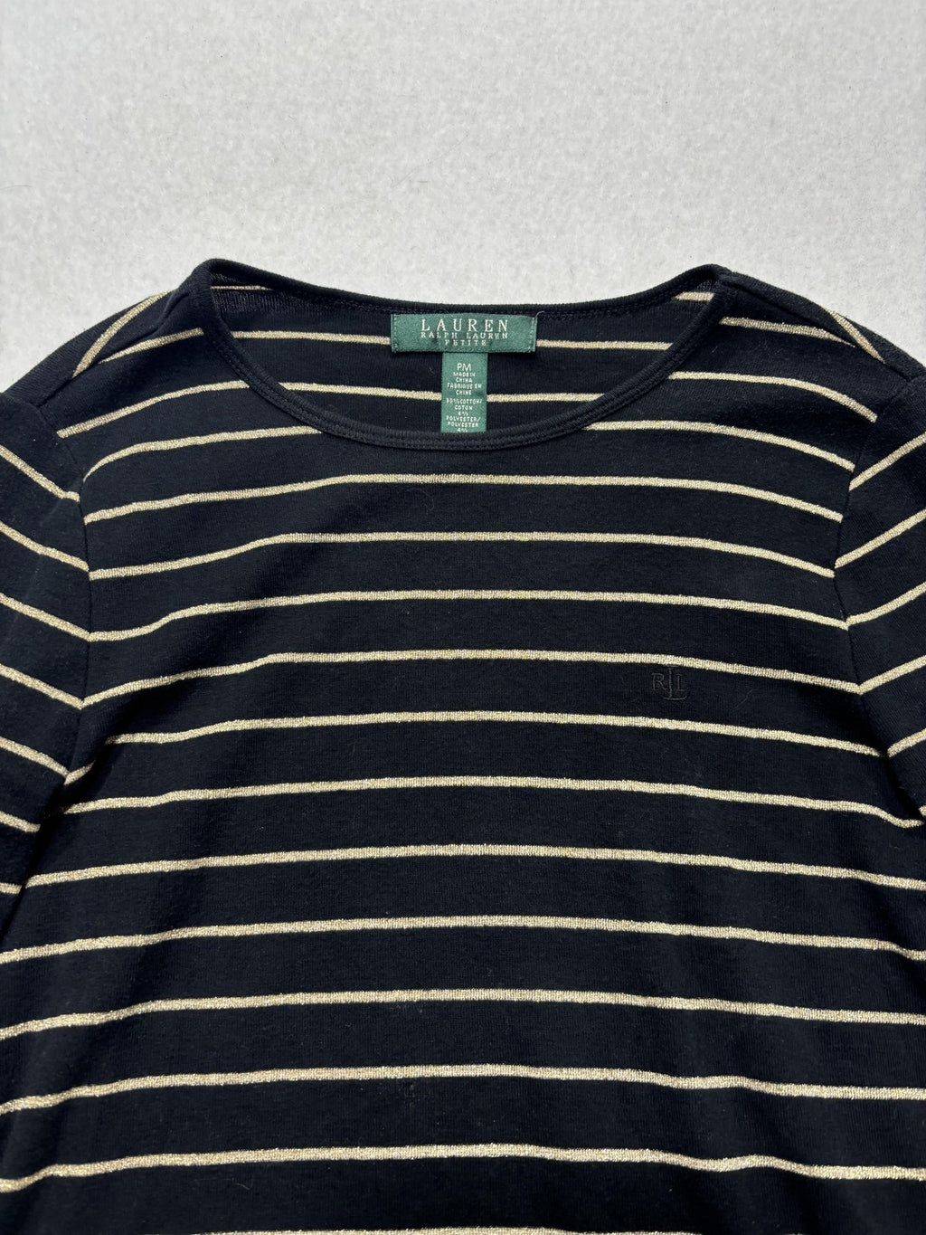 Lauren Ralph Lauren Shirt Womens PM Black Metallic Stripe Crew Neck Long Sleeve