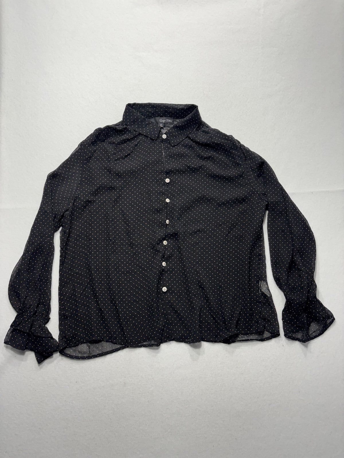 Sonja Betro Blouse Womens 2X Plus Black Polka Dot Ruffle Sleeve Sheer Chiffon