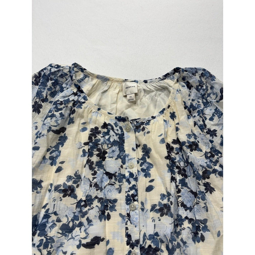 Maeve Blouse Womens XS Blue Floral Ruffle Bell Sleeve Peasant Boho Top