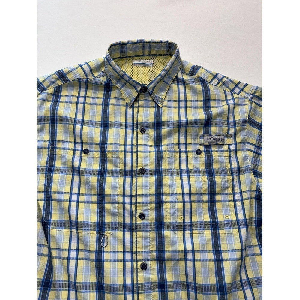 Columbia PFG Shirt Mens Medium Yellow Blue Plaid Long Sleeve Fishing Button Up