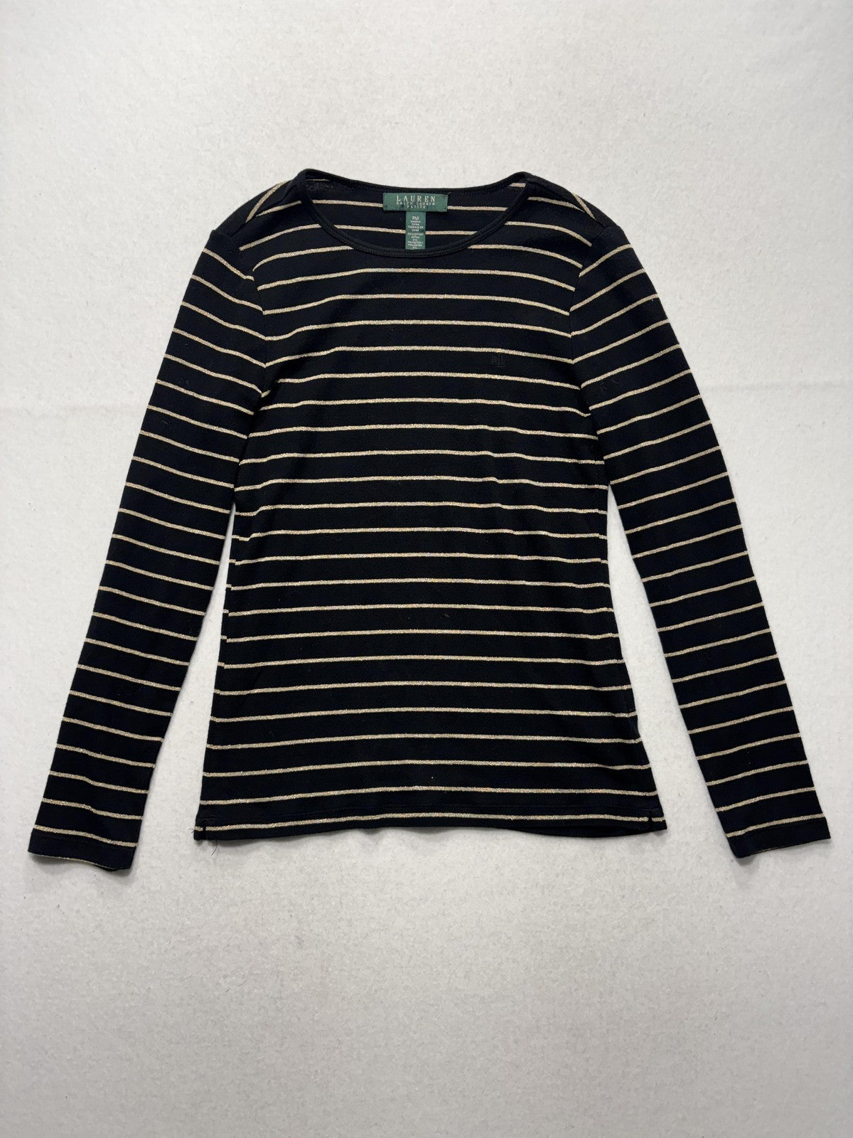 Lauren Ralph Lauren Shirt Womens PM Black Metallic Stripe Crew Neck Long Sleeve