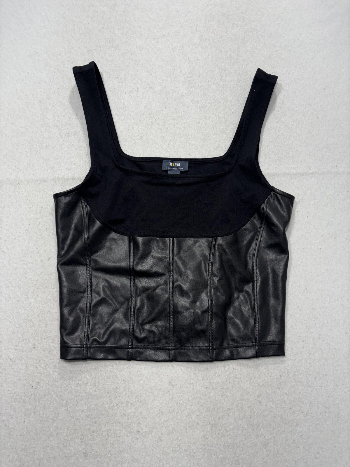 Maeve By Anthropologie Tank Womens Large Black Faux Leather Square Neck Crop