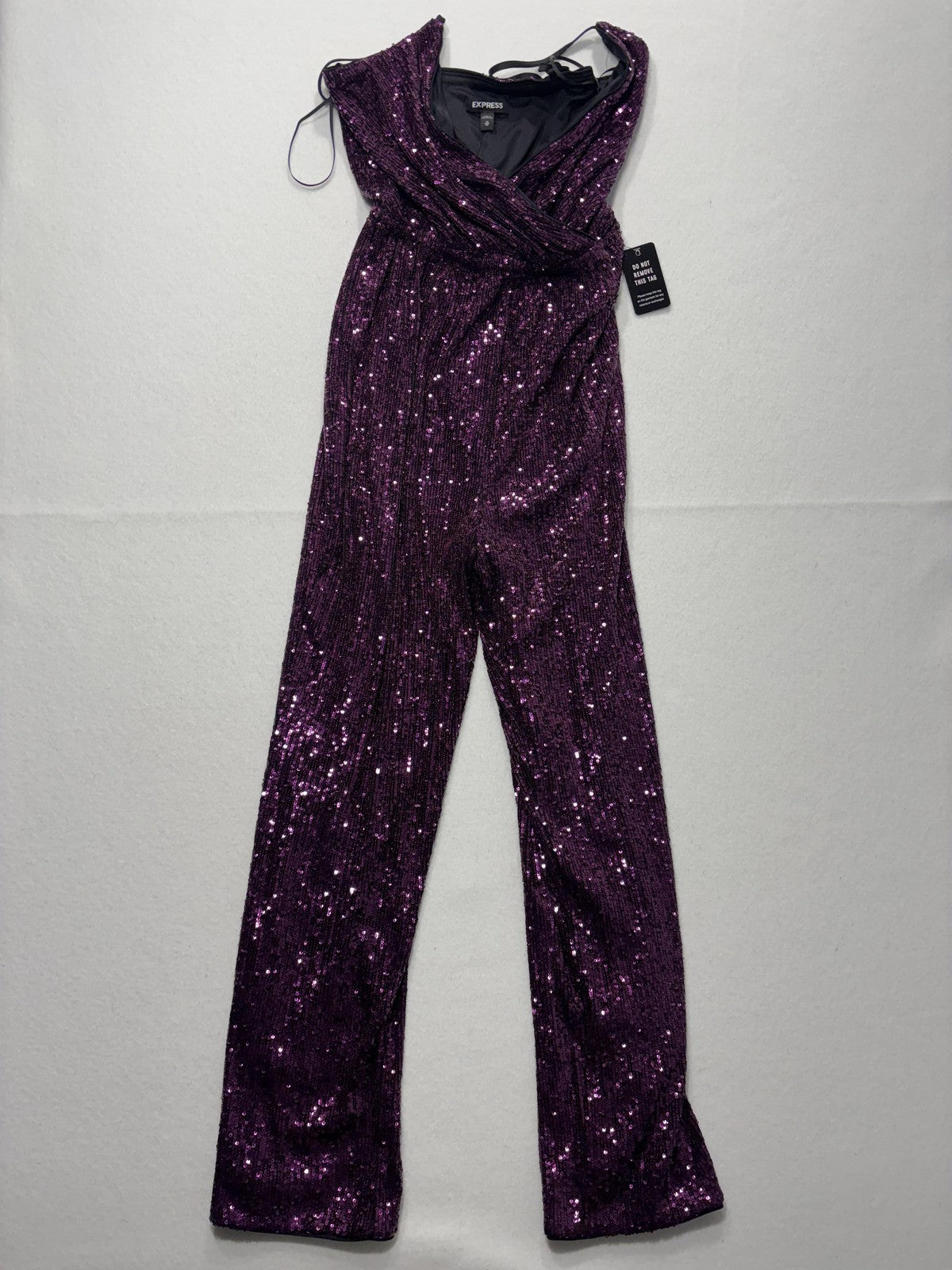 Express Jumpsuit Womens XS Purple Sequin V Neck Wide Leg Sleeveless Party Formal
