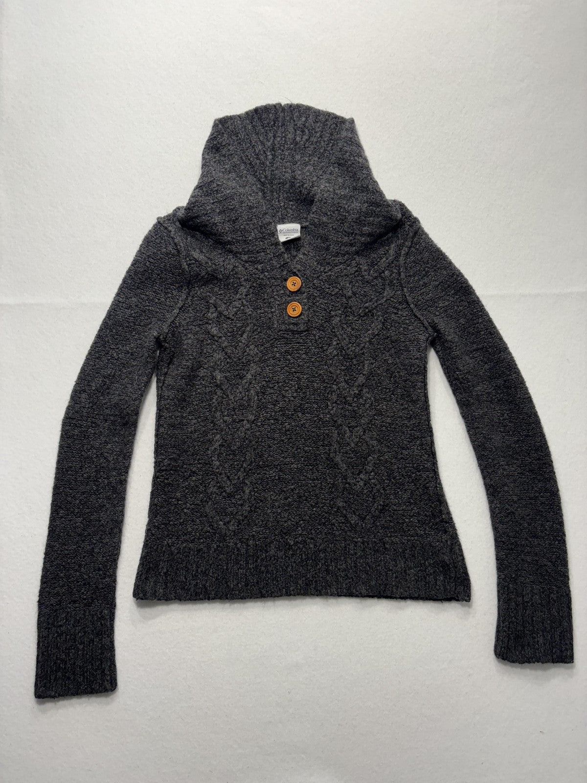 Columbia Sweater Womens Small Gray Hooded Cowl Neck Button Henley Knit