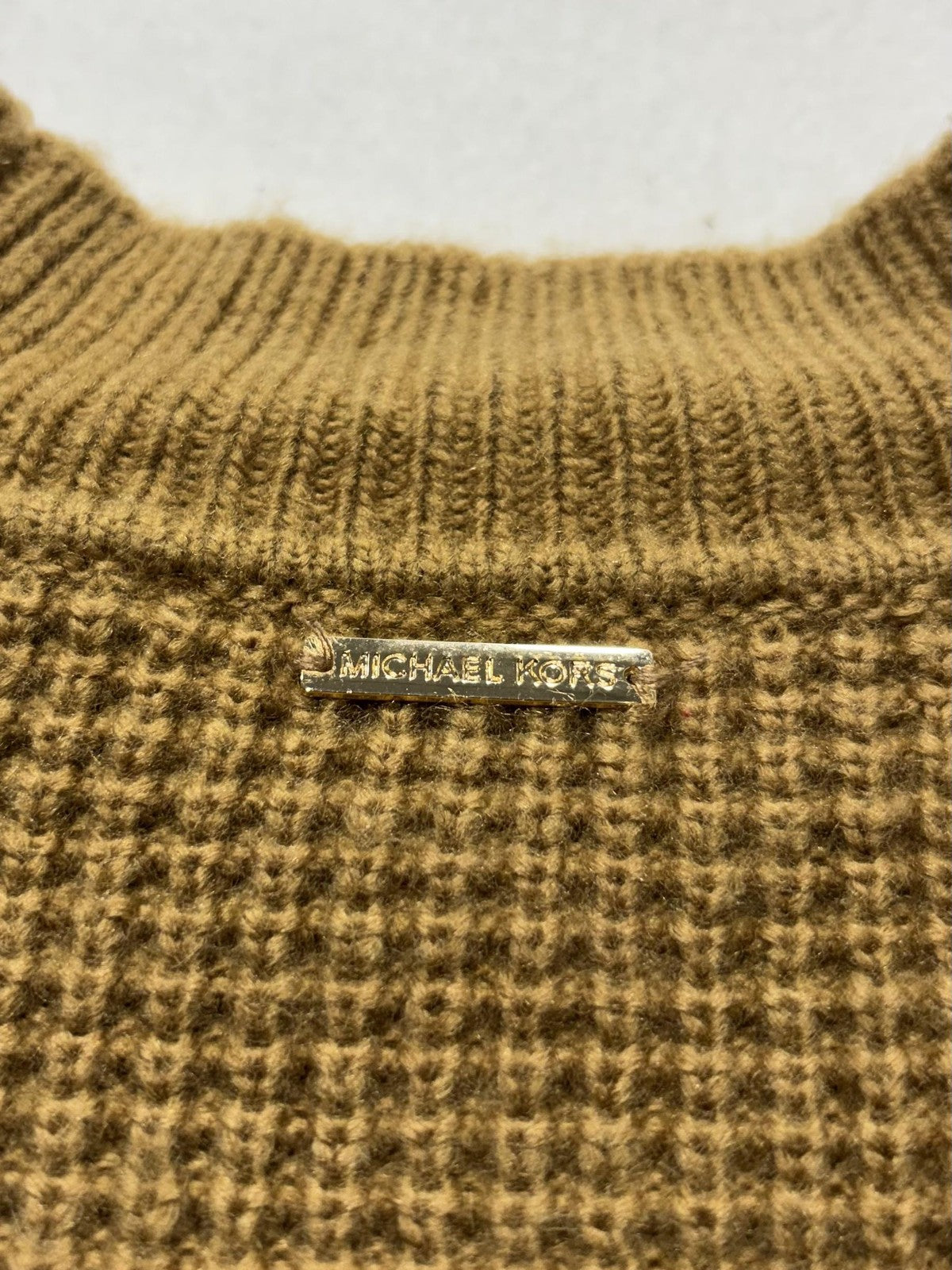 MICHAEL Michael Kors Sweater Womens Large Brown Waffle Knit Fringe Mock Neck