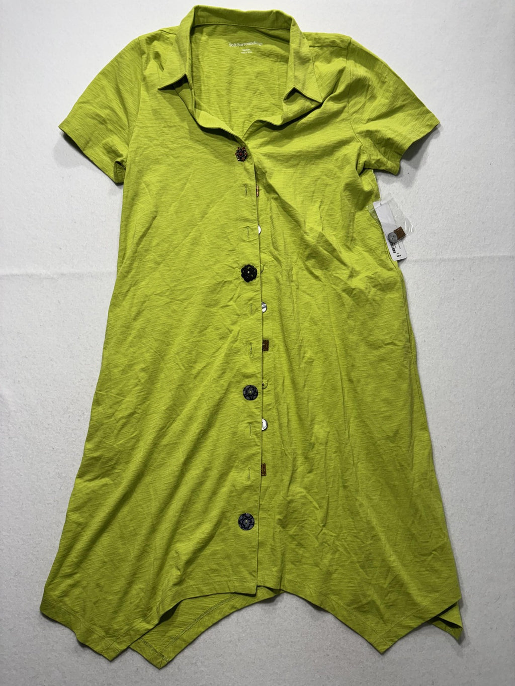 Soft Surroundings Shirt Dress Womens Medium Lime Green Danelle Button Asym Hem