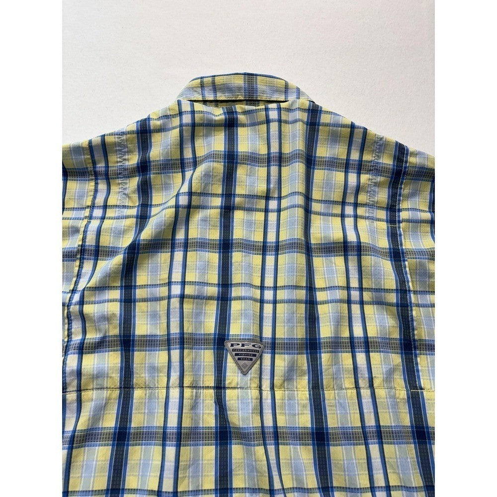 Columbia PFG Shirt Mens Medium Yellow Blue Plaid Long Sleeve Fishing Button Up