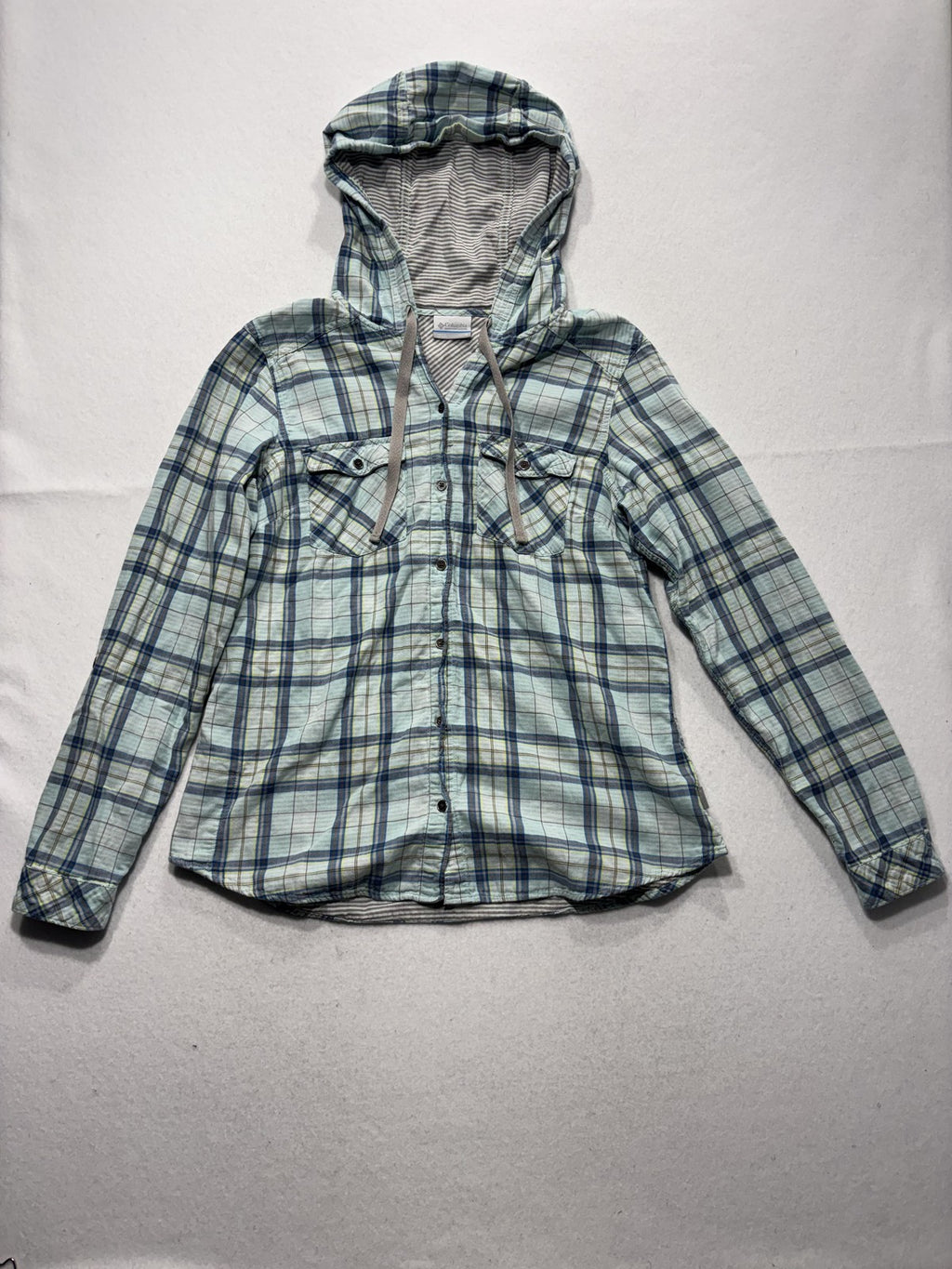 Columbia Shirt Womens Medium Blue Plaid Hooded Long Sleeve Button Up Cotton