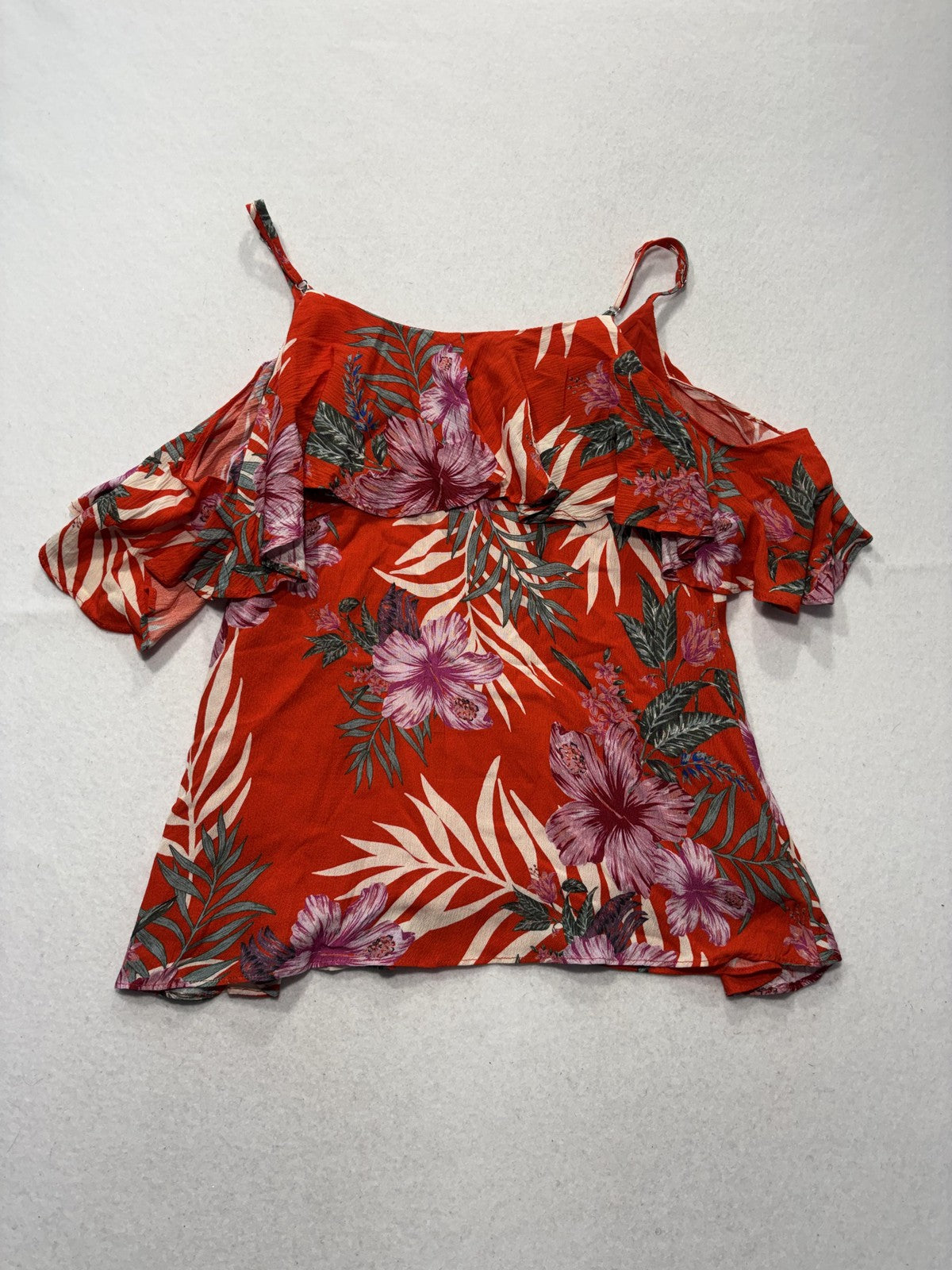 Miss Me Blouse Womens XS Red Floral Tropical Cold Shoulder Ruffle Strap Top
