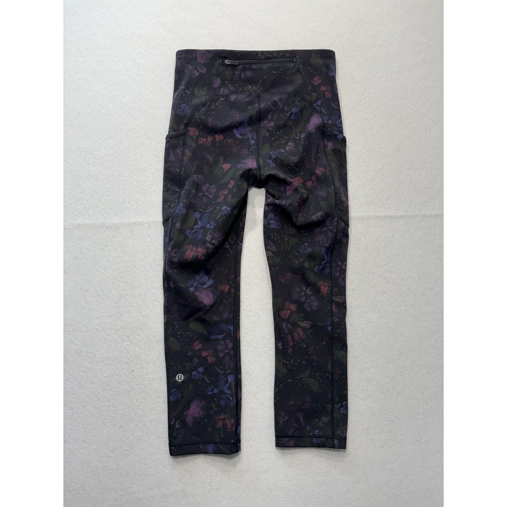 Lululemon Leggings Womens 4 Black Floral High Rise Pocket Ankle Stretch Athletic