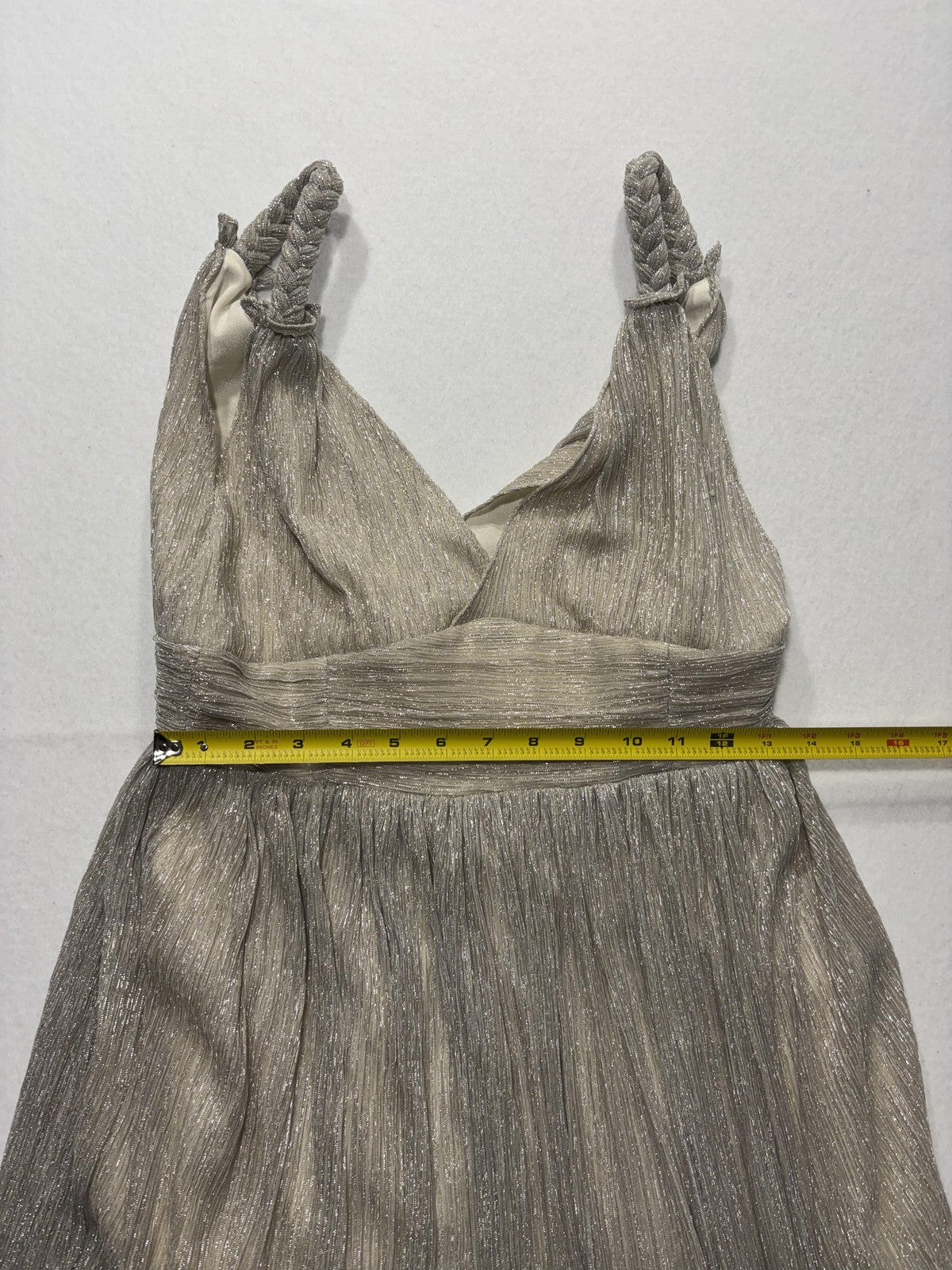 LINI Katherine Dress Womens Medium Champagne Metallic Pleated V Neck Maxi Formal