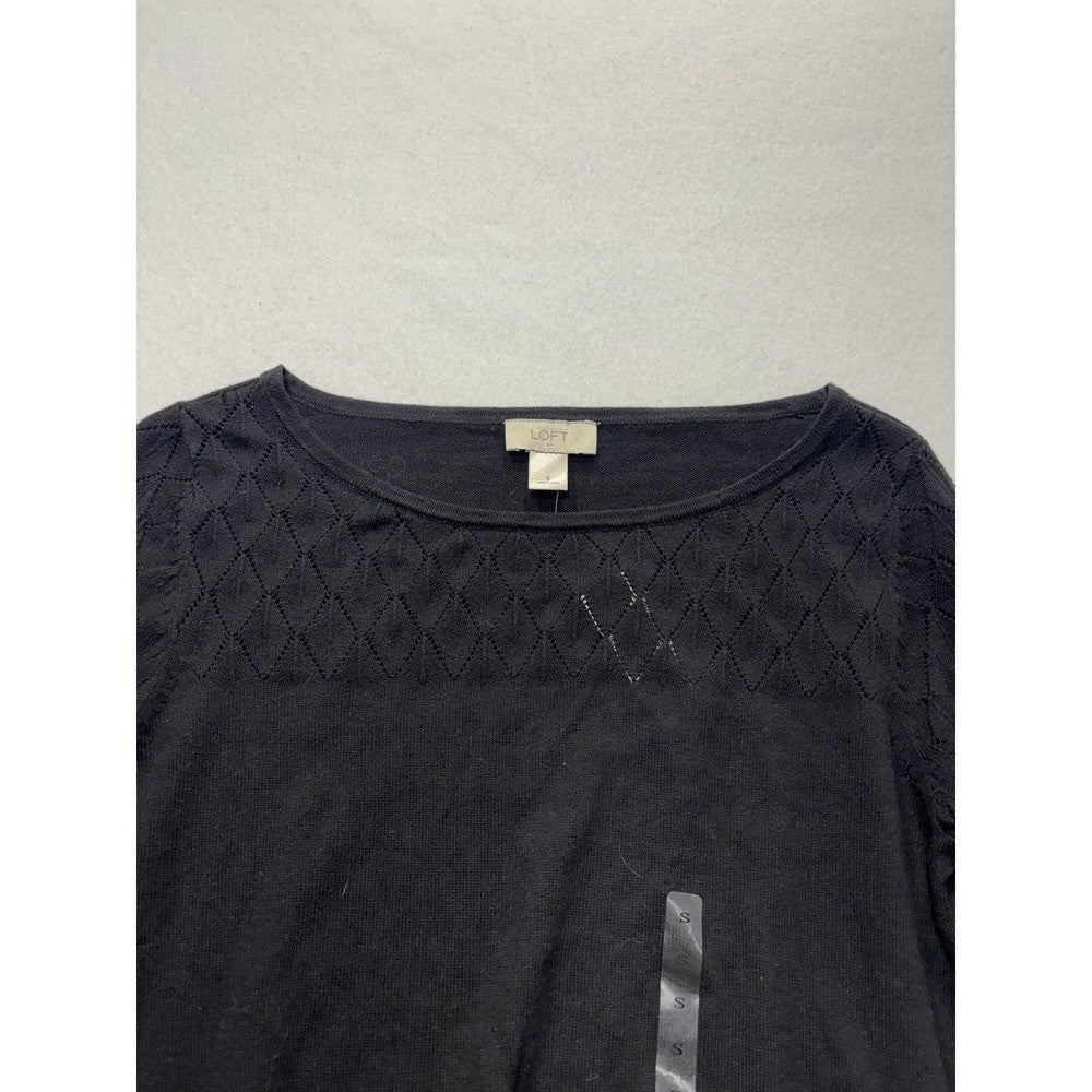 LOFT Sweater Womens Small Black Boat Neck Diamond Knit Sleeve Pullover 370975