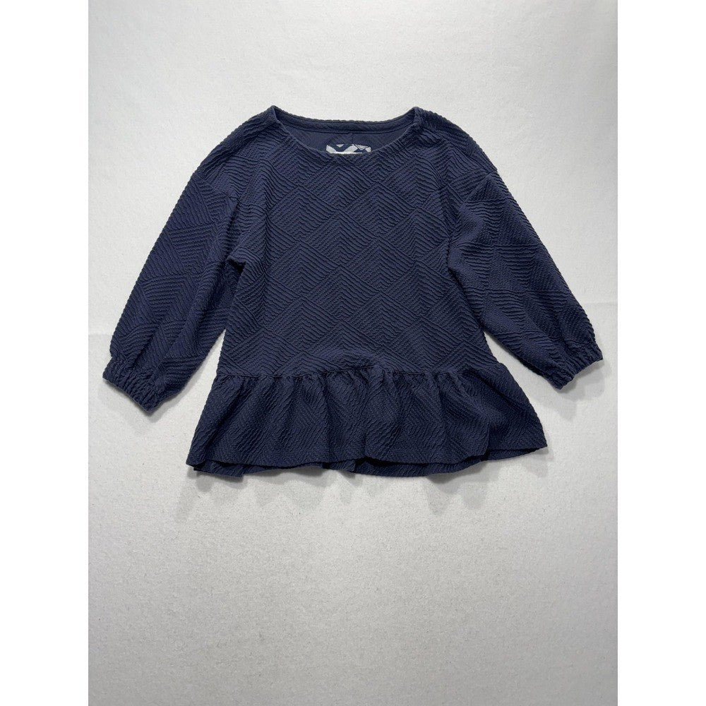 Maeve Blouse Womens XS Blue Textured Crew Neck 3/4 Puff Sleeve Peplum Tunic Top