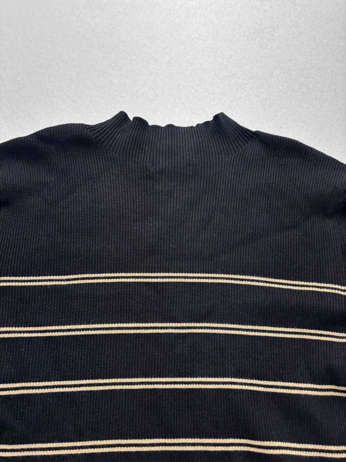 Ellen Tracy Sweater Womens Large Black Stripe Mock Neck Jeweled Shoulder Knit