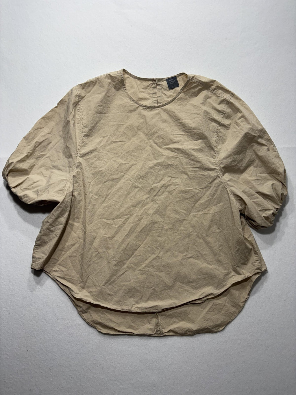 GREI. Blouse Womens 2 Beige Round Neck Short Balloon Sleeve Cotton Relaxed Top