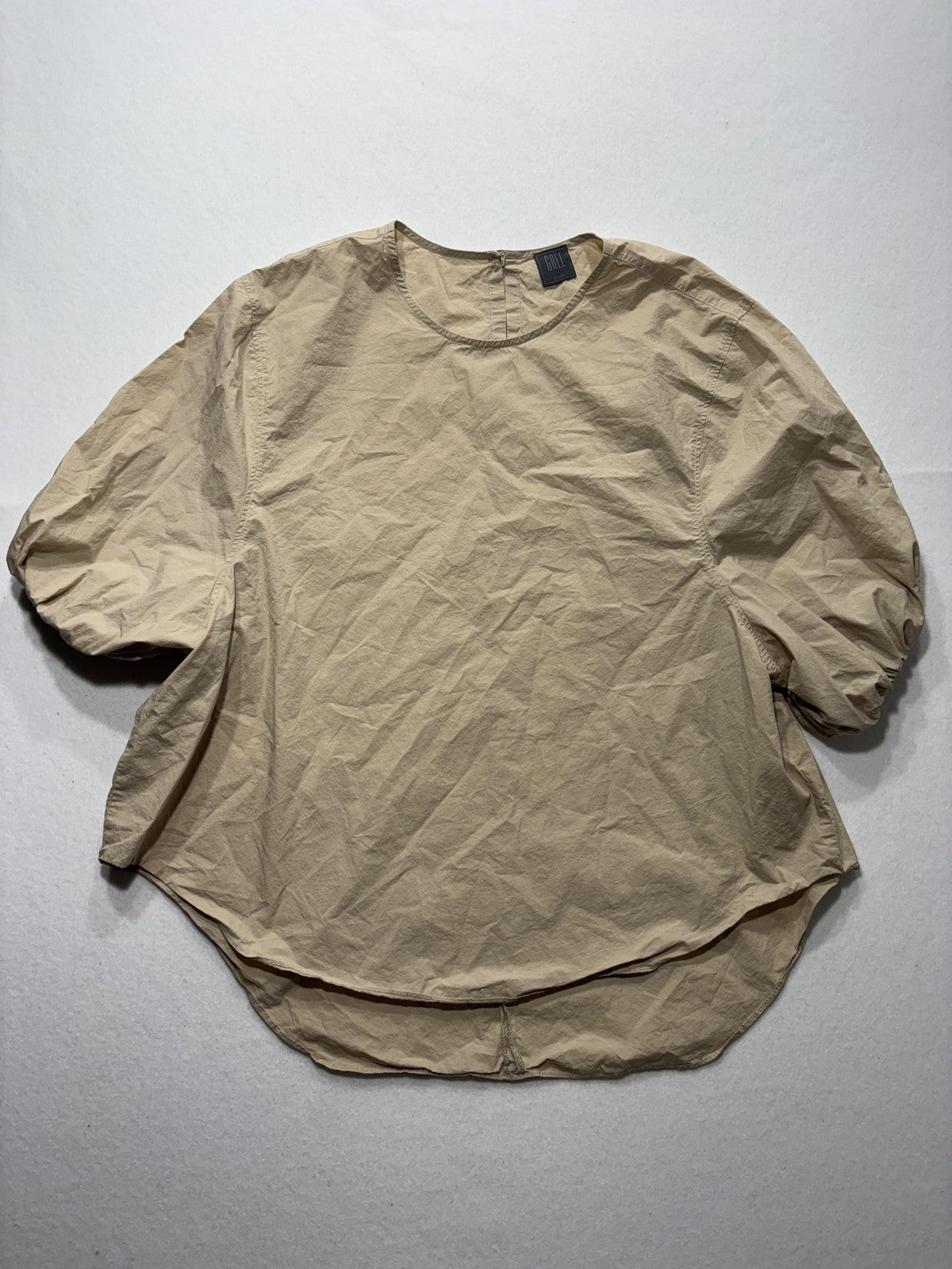 GREI. Blouse Womens 2 Beige Round Neck Short Balloon Sleeve Cotton Relaxed Top