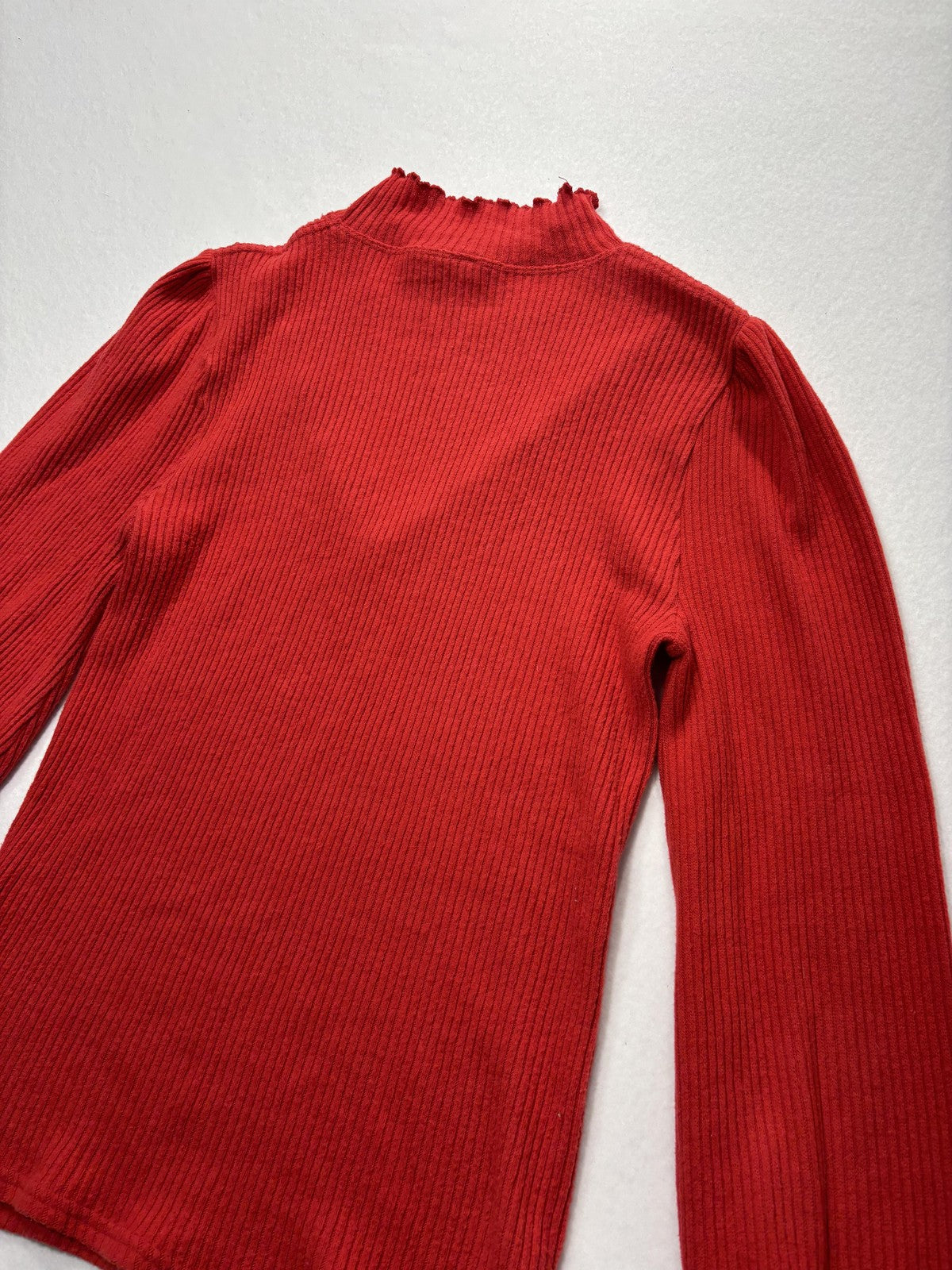 Free People Sweater Womens SP Red Mock Neck Balloon Sleeve Ruffle Knit Slim