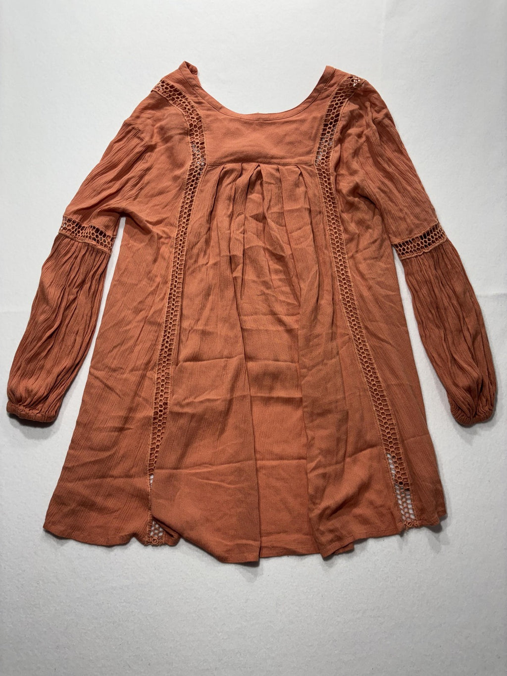 Free People Dress Womens Small Orange Scoop Neck Crochet Long Sleeve Boho Swing