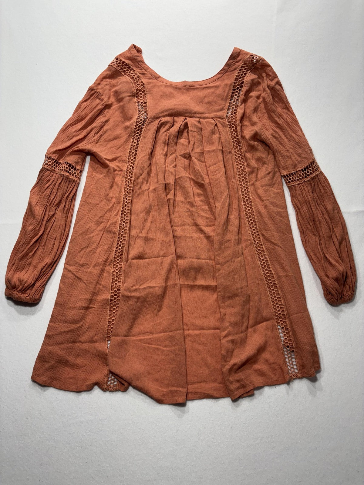 Free People Dress Womens Small Orange Scoop Neck Crochet Long Sleeve Boho Swing