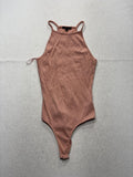Ambiance Bodysuit Womens Large Pink Ribbed Knit High Neck Sleeveless Stretch