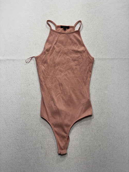 Ambiance Bodysuit Womens Large Pink Ribbed Knit High Neck Sleeveless Stretch