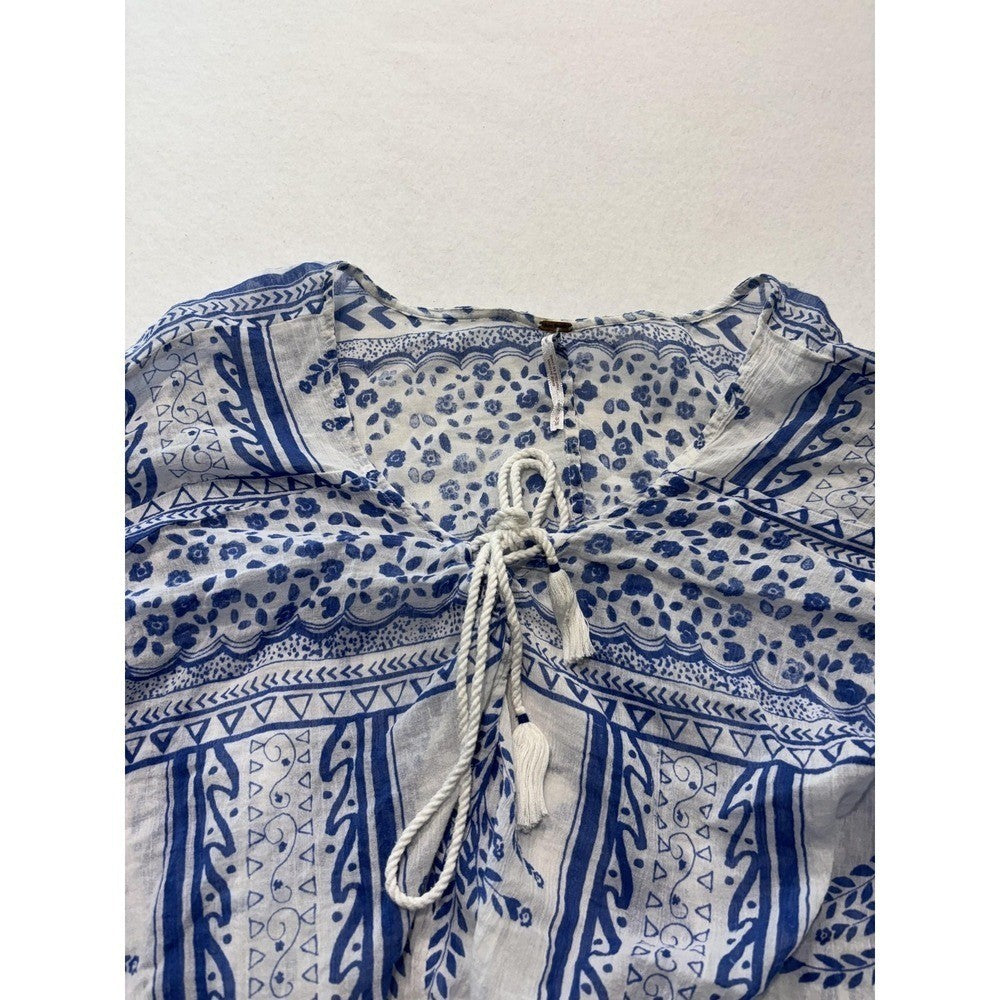 Free People Blouse Womens Medium Blue Long Sleeve Floral Tassel Crop Top Boho