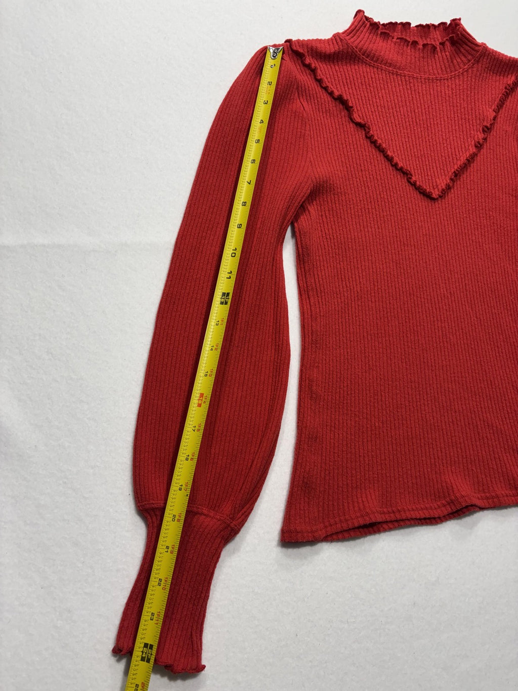 Free People Sweater Womens SP Red Mock Neck Balloon Sleeve Ruffle Knit Slim