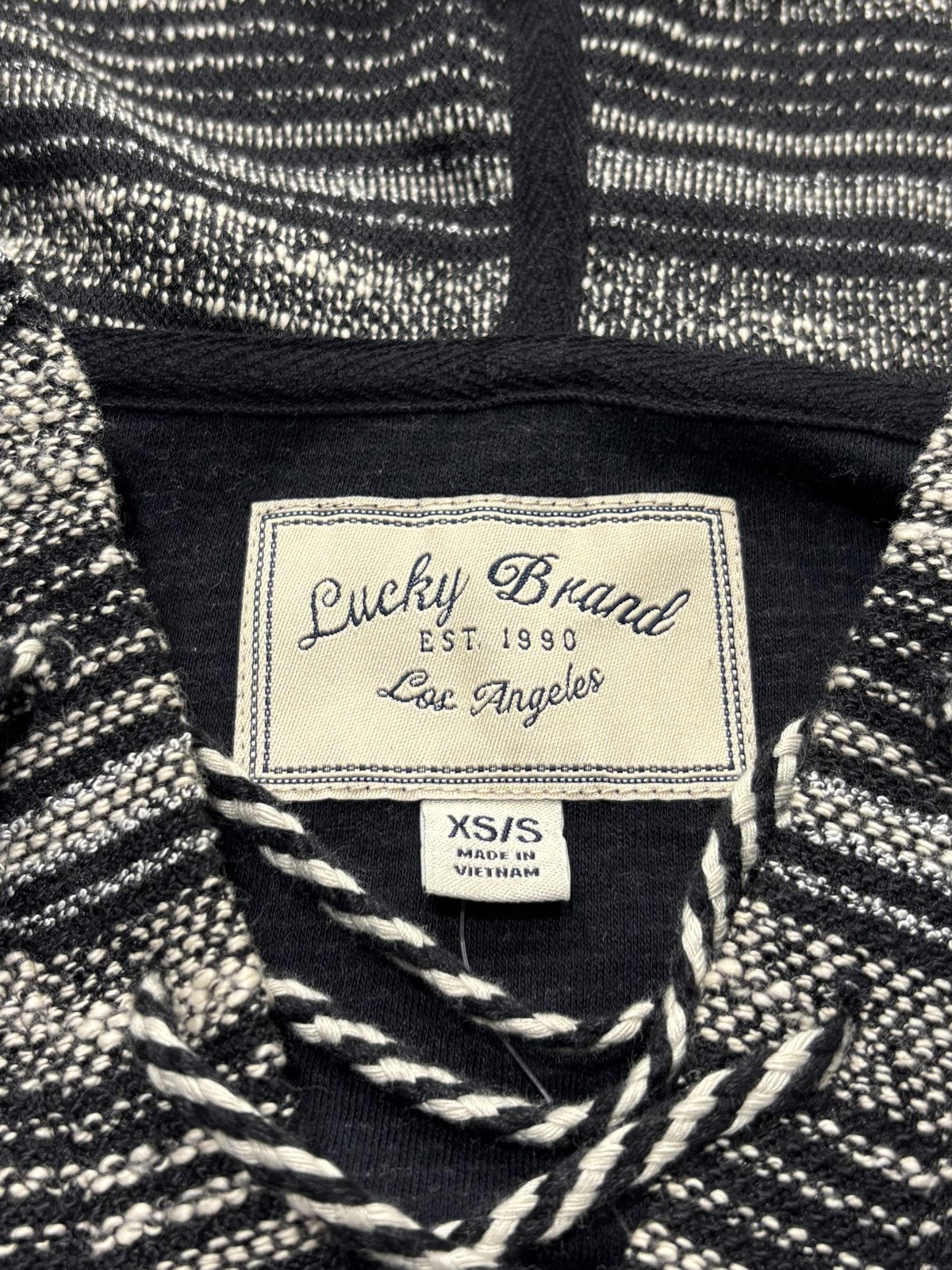 Lucky Brand Sweater Womens XS/S Black Striped Hooded Fringe Poncho Pullover