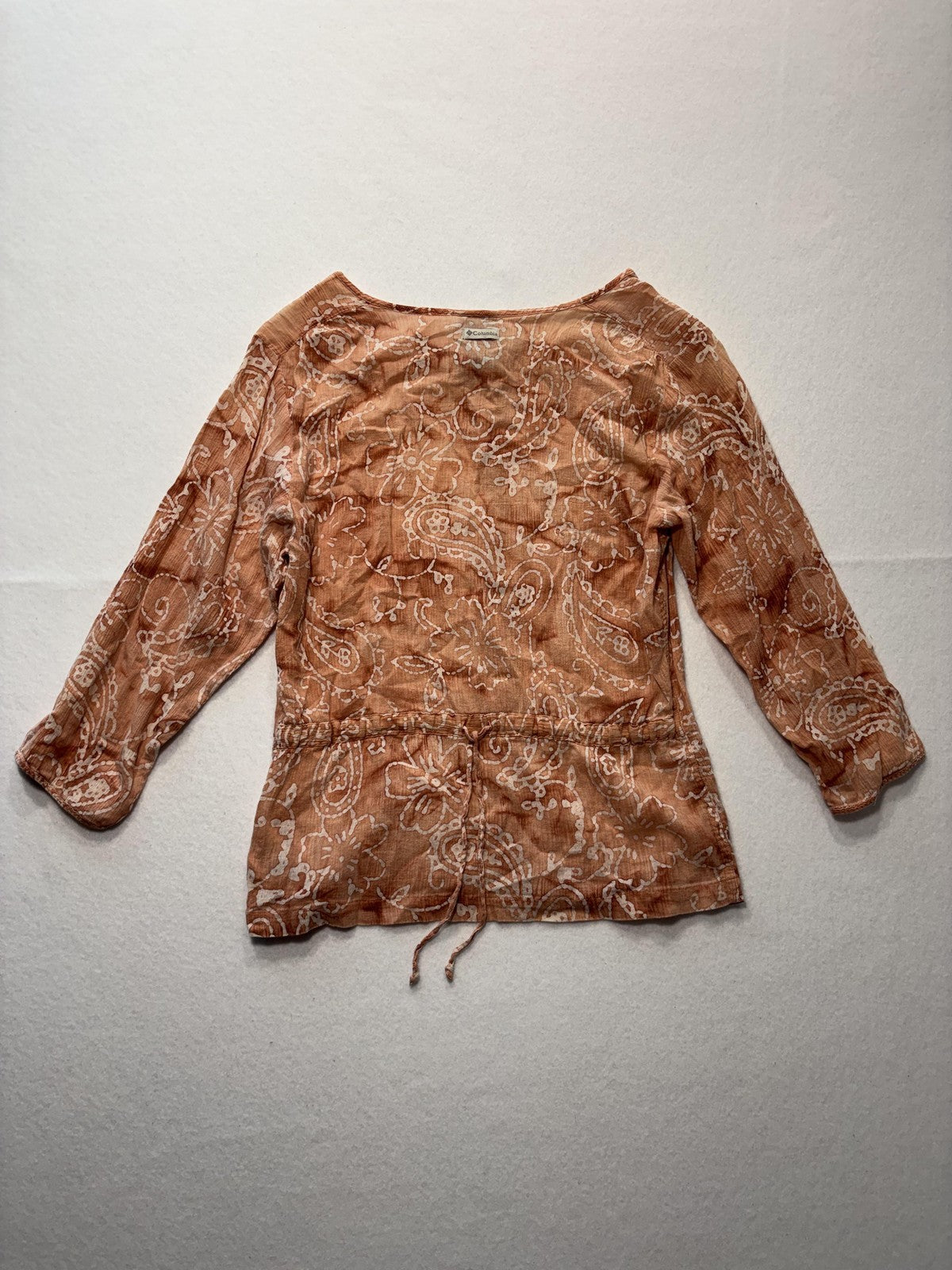 Columbia Blouse Womens Small Brown Paisley 3/4 Sleeve Tunic Button Front Cotton