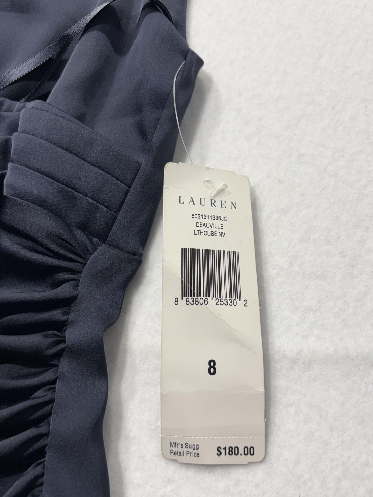 Lauren Ralph Lauren Evening Dress Womens 8 Blue Ruched Satin Sheath Knee Length