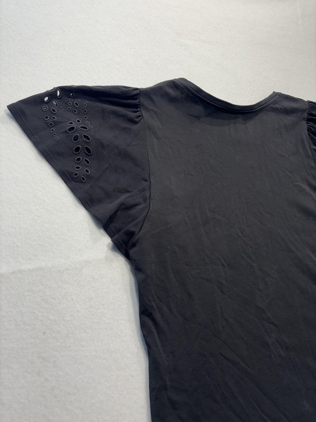 Chico's Shirt Womens XL Black Crew Neck Flutter Sleeve Eyelet Cotton Top