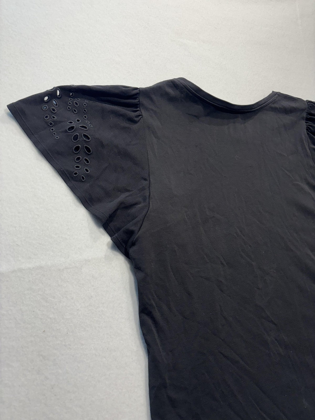 Chico's Shirt Womens XL Black Crew Neck Flutter Sleeve Eyelet Cotton Top